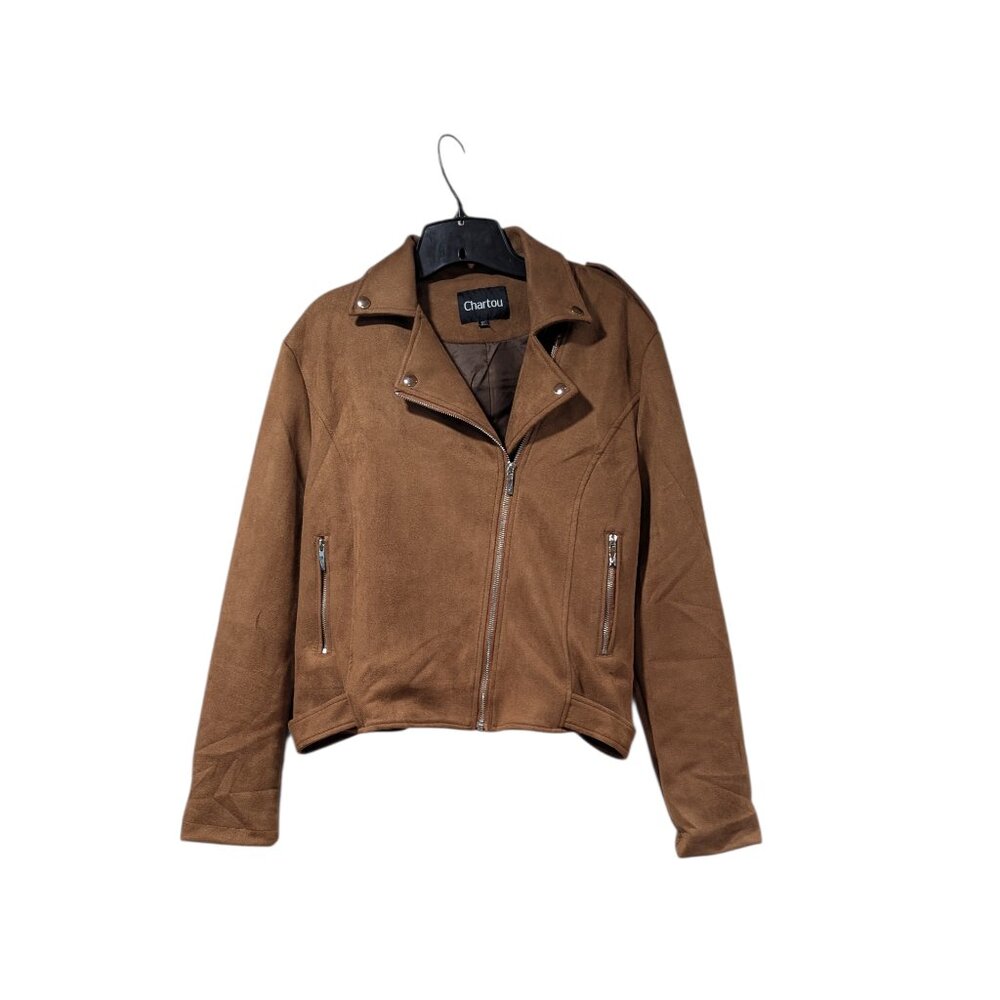 Chartou Tan Faux Suede Full Zip Bomber Jacket Boho Western Sz XL